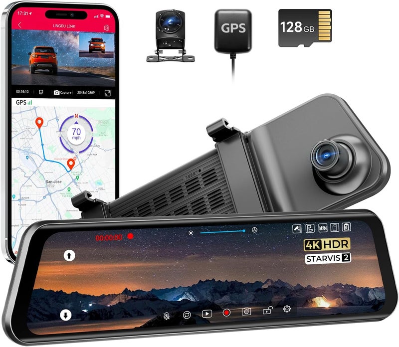 LINGDU LD4K Max Mirror Dash Cam with 4K Front and 1080P Rear Camera, STARVIS 2 Sensor, 5.8GHz WiFi, ADAS, Voice Control, Night Vision, 128GB Card - Image 1